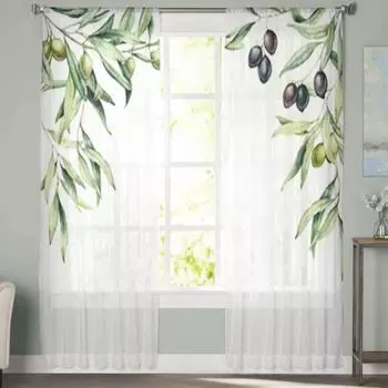 Акварельные прозрачные шторы с оливковой ветвью и ягодами, вуаль для спальни, прозрачные шторы для окон, кухни, тюлевые шторы 135W x 114H(cm)