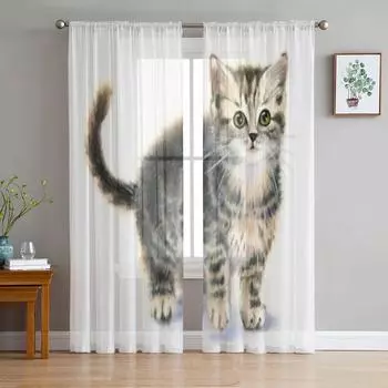 Акварельные прозрачные шторы с забавным милым котом для гостиной, окна, прозрачная вуаль, тюлевая занавеска, шторы для спальни, домашний декор 135W x 114H(cm)