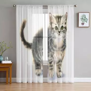 Акварельные прозрачные шторы с забавным милым котом для гостиной, окна, прозрачная вуаль, тюлевая занавеска, шторы для спальни, домашний декор 135W x 114H(cm)