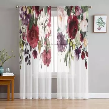 Акварельные розовые цветы розы прозрачные шторы для гостиной, окна, прозрачная вуаль, тюлевая занавеска, шторы для спальни, домашний декор 135W x 114H(cm)