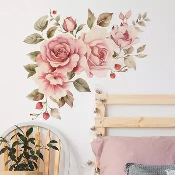 Акварельные розовые романтические розы, листья, изголовье кровати, настенные украшения, наклейки на стену 40*60CM/fun-e36
