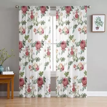 Акварельные шторы с рисунком растений и цветов, ретро-розовые, полупрозрачные, для украшения гостиной, оконные шторы, кухонные тюлевые вуалевые шторы W135 x H115cm x1