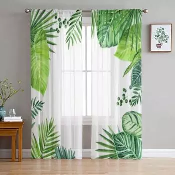 Акварельные тропические листья шифоновые прозрачные шторы для гостиной спальни украшения окна тюлевые шторы портьеры 135W x 114H(cm)