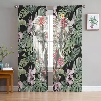 Акварельные тропические растения пальмовые листья слон этнические прозрачные шторы для гостиной оконные шторы кухонные тюль вуаль шторы W135 x H115cm x1