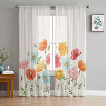 Акварельные тюлевые шторы с цветком мака для гостиной, прозрачные занавески для спальни, оконные жалюзи, вуаль, шторы 135W x 114H(cm)