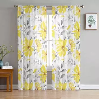 Акварельные желтые цветы, абстрактная прозрачная вуаль, оконные шторы, тюлевые шторы, украшения для гостиной, балкона, шторы 135W x 114H(cm)