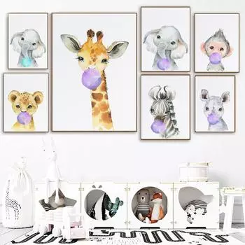 Акварельные животные, пускающие пузыри, розовые настенные художественные картины на холсте, детские постеры и принты, настенные картины, декор детской комнаты без рамки 21*30cm