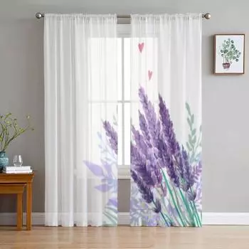 Акварельный букет лаванды, тюль, оконная занавеска для гостиной, спальни, вуаль, прозрачные шторы, кухонные шторы, шторы 135W x 114H(cm)