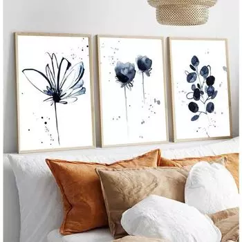 Акварельный цветочный постер абстрактные чернила синие листья настенная живопись искусство на холсте современный минималистский образ фреска украшение комнаты 21*30cm No Frame