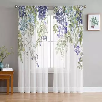 Акварельный цветок растение глициния фиолетовые зеленые листья прозрачная оконная занавеска тюлевые шторы для гостиной домашний декор вуаль шторы 135W x 114H(cm)