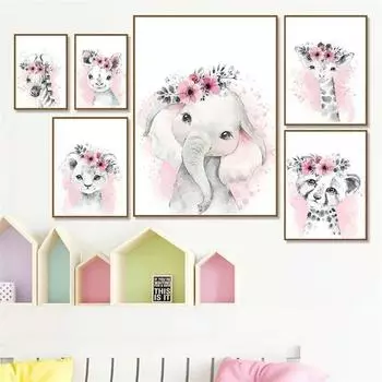 Акварельный цветок, животное, холст, картина, детская розовая настенная живопись, плакаты на скандинавскую тему, принты, зебра, слон, жираф, Декор, фотографии 21cm30cm NoFrame