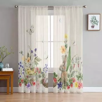 Акварельный кролик, цветок, бабочка, пасхальные тюлевые шторы для гостиной, прозрачные занавески для спальни, кухни, жалюзи, вуаль, шторы 135W x 114H(cm)