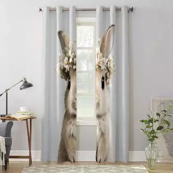 Акварельный кролик с цветочным букетом, оконные шторы для гостиной, спальни, роскошные современные кухонные шторы, тканевые шторы 135W x 60H(cm) x1