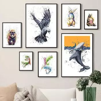Акварельный медведь, кролик, кит, собака, орел, лягушка, настенная живопись на холсте, постеры на скандинавскую тему и принты, фотографии для декора гостиной 21x30cm No Framed