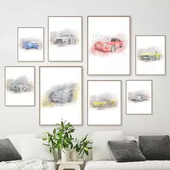 Акварельный мультфильм знаменитый суперкар, настенная живопись на холсте, плакаты на скандинавскую тему и принты, винтажные настенные панно для декора детской комнаты 21cm30cm NoFrame