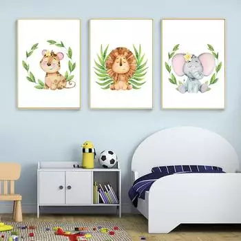 Акварельный настенный постер со слоном, плакаты с листьями, скандинавские настенные картины, животные в джунглях, холст, картина с принтом льва, декор для детской комнаты 21cm30cm NoFrame