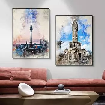 Акварельный постер Знаменитое здание Мадрид Сиэтл Пейзаж Картины на холсте Абстрактные настенные картины для украшения дома Без рамки 21*30cm No Frame