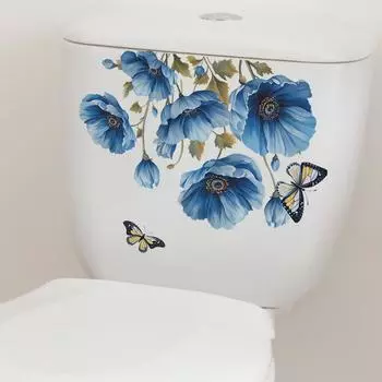 Акварельный синий цветок мак туалет с ванной наклейка на стену ванной комнаты 20*29CM/fun-m64