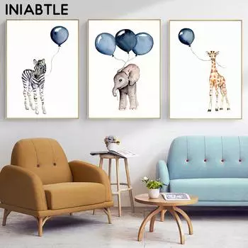 Акварельный слон, жираф, баллон, мультяшный животный принт, настенный художественный плакат для детской комнаты, холст, картина, украшение для детской комнаты, изображение 21cm30cm NoFrame