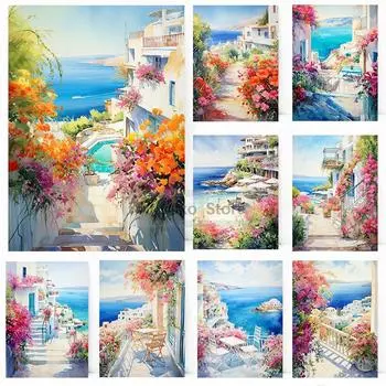 Акварельный стиль Средиземноморское побережье Море Плакат Приморский пейзаж Печать на холсте Картина Настенные картины Главная Комната Пляж Декор 21x30cm No Framed