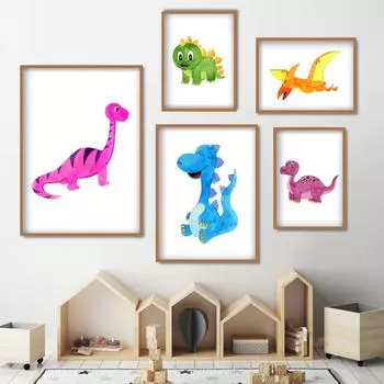 Акварельный забавный мультяшный динозавр, детское животное, плакат на скандинавскую тему, украшение на стену, плакат, эстетика 21cm30cm NoFrame