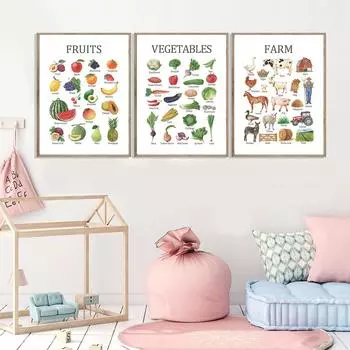 Акварельные образовательные овощи фрукты ферма диаграмма плакаты обучение дошкольное настенное искусство холст картины для декора детской 21*30cm