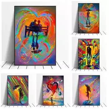 Акварель Радуга Дождь Любители Холста Картины Абстрактные Граффити Искусство Пары Обниматься Настенная Картина для Гостиной Домашний Декор 21X30cm No Frame