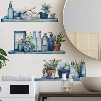 Акварель Синяя Полка Бутылка Гостиная Настенные Украшения Наклейки Самоклеящиеся 40*50CM/fun-f56