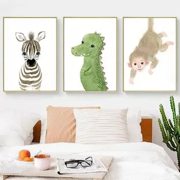 Акварель Слон Лев Жираф Обезьяна Животное Детская Настенная Живопись Печать Холст Картина Постеры Детская Картина Детская Комната Декор 21x30cm No Framed