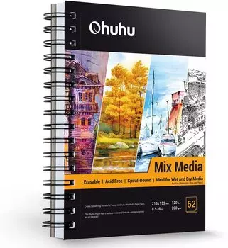 Альбом для рисования Ohuhu Acrylic Paint Sketchbook 200 г/м 215 мм x 153 мм 62 страницы Смешанная техника Акварельная бумага с перфорацией Кольцо Бумага для рисования