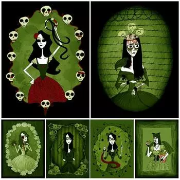 Альбом ужасов «Маленькая ведьма» Ретро настенная живопись маслом Готическая испанская танцовщица и плакат со скелетом 21cm30cm NoFrame