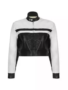 AL KHALID Байкерская мотоциклетная куртка из натуральной кожи ягненка черного и белого цвета ручной работы XS чёрный/белый