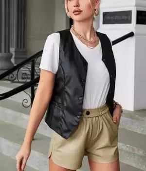 AL KHALID Черный Байкерский Вестерн Стильный Жилет Пальто Модный Жилет Кожа Ягненка Женщины XS чёрный