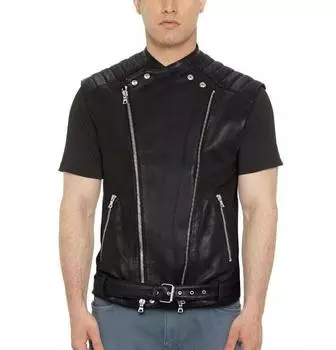 AL KHALID Классический вестерн жилет пальто куртка из овчины черный молния мужской кожаный жилет XS чёрный