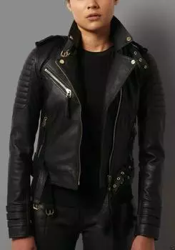 AL KHALID Мотоциклетная куртка черная женская байкерская стильная из натуральной мягкой овчины XS чёрный
