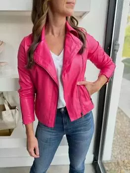 AL KHALID Настоящая мягкая овечья кожа мотоциклетный стиль розовая женская куртка байкер стильный XS розовый