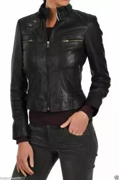 AL KHALID Новая женская черная куртка с воротником-стойкой из 100% мягкой овчины, стильная приталенная куртка XS чёрный