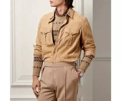 AL KHALID Стильная мужская рубашка ручной работы из натуральной замши цвета загара XS дубильная кора