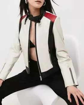 AL KHALID Стильная женская куртка в байкерском стиле из натуральной мягкой овчины XS белый