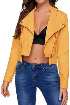 AL KHALID Yellow Women s Genuine Lambskin Leather Crop Jacket Motorcycle Handmade Casual XS жёлтый