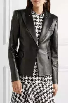 AL KHALID Женский пиджак из натуральной кожи ягненка, черный, приталенный, на пуговицах XS чёрный