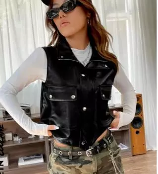 AL KHALID Женский жилет-пальто Черный байкерский кожаный жилет из овчины Модный стильный вестерн XS чёрный