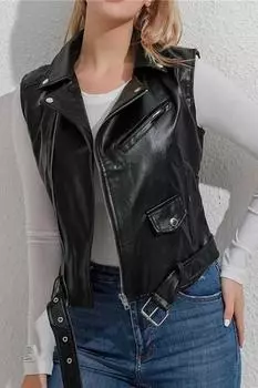 AL KHALID Зимний стильный кожаный черный жилет пальто нарядный женский жилет из овчины XS чёрный