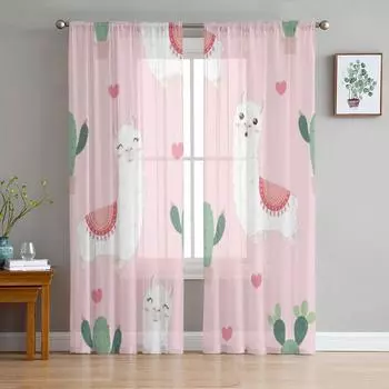 Альпаки и кактусы мультфильм розовый тюль прозрачные шторы для гостиной спальни кухни украшения вуаль органза шторы 135W x 114H(cm)