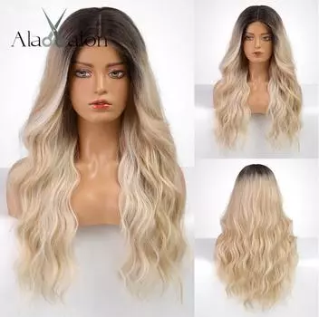 ALAN Длинные Волнистые Парики Фронта Шнурка Волосы Ombre Коричневый Светлый Парик Для Женщин Термостойкие Волокна Парики 5*5 Фронта Шнурка