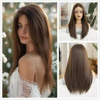 ALAN EATON 13*6 кружевные передние парики темно-коричневый синтетический длинный прямой парик с лентами для женщин повседневный косплей волосы высокой плотности