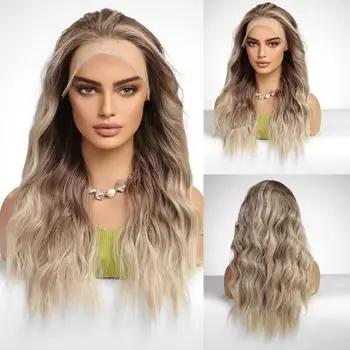 ALAN EATON 13x4 Длинные волнистые синтетические парики спереди на кружеве Ombre Коричневый блондин для женщин Повседневная вечеринка Косплей Термостойкое волокно