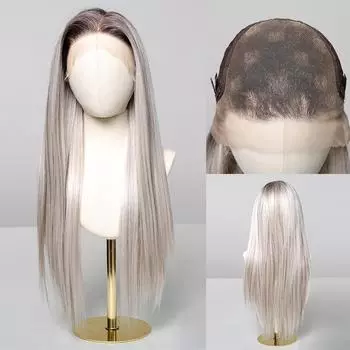 ALAN EATON 13x6 кружевной парик длинный прямой платиновый серый парики с темными корнями для женщин повседневная вечеринка косплей свадьба высокая плотность