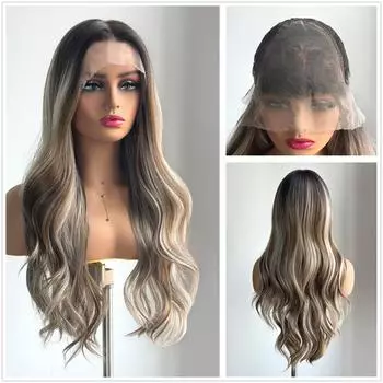 ALAN EATON 13x6 кружевной парик длинный волнистый коричневый мелированный парик с темными корнями для женщин повседневная вечеринка косплей свадьба высокая плотность