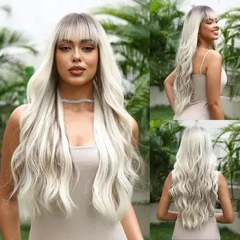 ALAN EATON Белая блондинка Ombre Длинные волнистые синтетические парики Коричневые изюминки Парики из натуральных волос для женщин с челкой Косплей Ежедневные парики Термостойкие